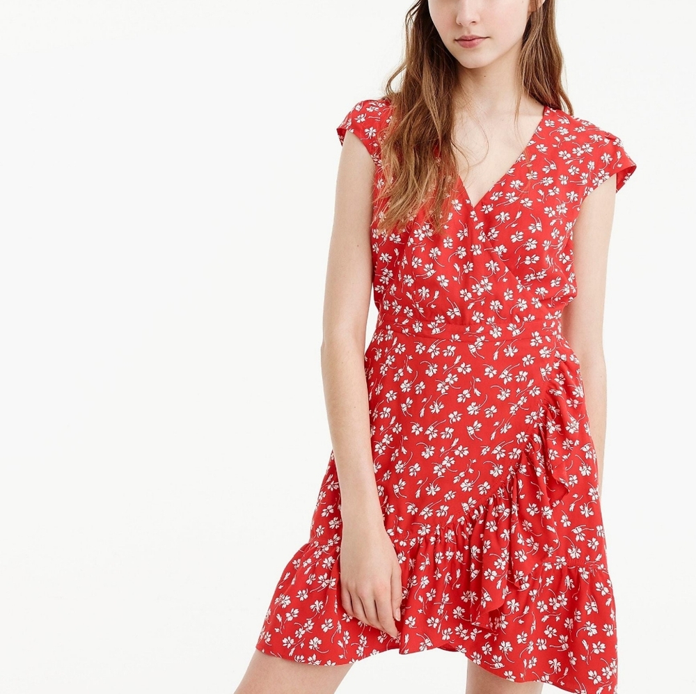 J.CREW Red Dainty Floral Faux Wrap Short Sleeve V Neck Ruffle Mini Dress sz 00 - Picture 1 of 9